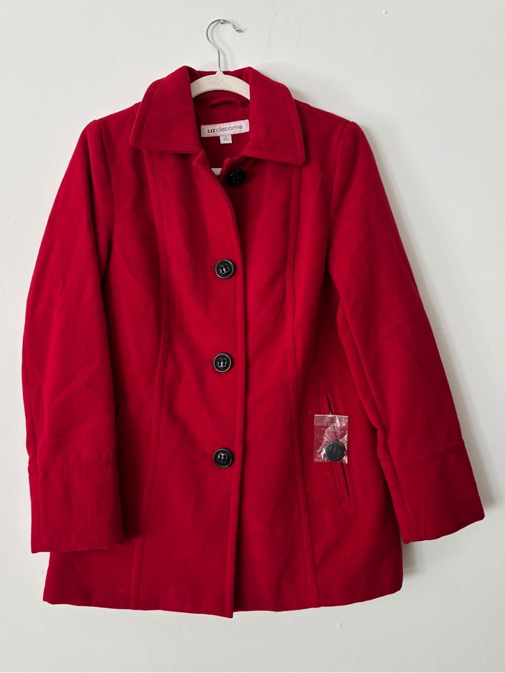 Liz Claiborne Womens S Red Button Front Wool Blend Peacoat Winter Coat Jacket